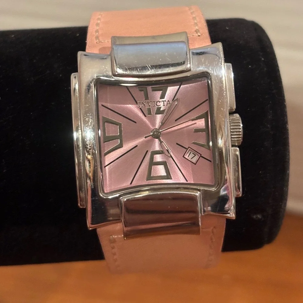 Invicta 2317 Womens Square Pink Dial Stainless Steel Leather Watch